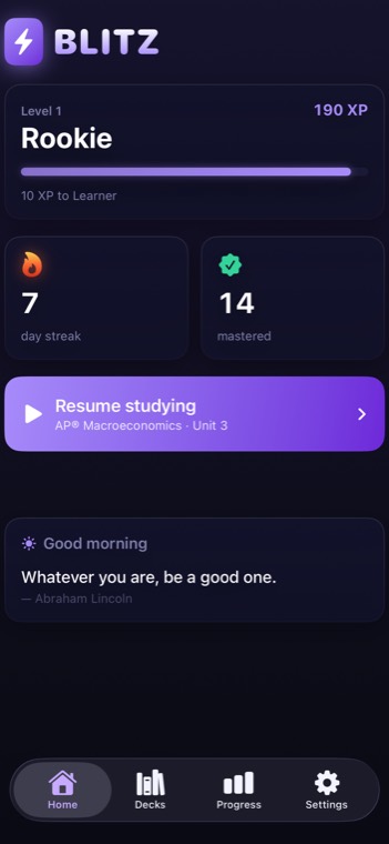 Blitz home screen showing level, XP, a 7-day streak, and a resume-studying button